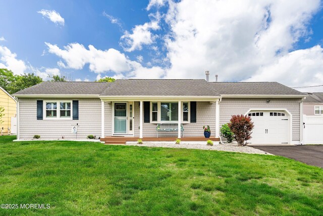 3206 Chicopee Pl, Point Pleasant, NJ 08742 - ranch-style home with an attached garage, covered porch, asphalt driveway, a front yard, and roof with shingles