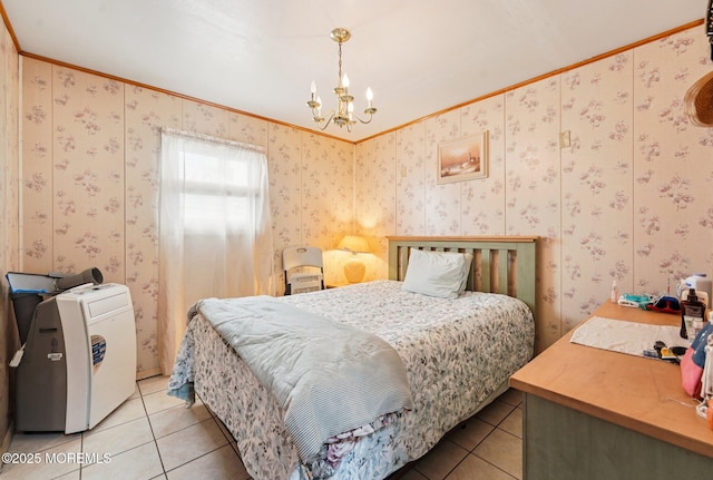 927 Beach Haven W Blvd, Manahawkin, NJ 08050 - bedroom with light tile patterned floors, a chandelier, ornamental molding, and wallpapered walls