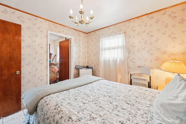 927 Beach Haven W Blvd, Manahawkin, NJ 08050 - bedroom with a chandelier, wallpapered walls, and ornamental molding