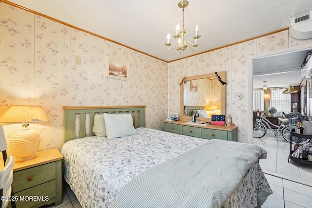 927 Beach Haven W Blvd, Manahawkin, NJ 08050 - bedroom featuring ornamental molding, tile patterned floors, a chandelier, and wallpapered walls