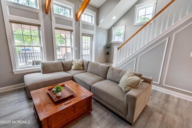 540 Vaughn Ave, Forked River, NJ 08731 - living area with high vaulted ceiling, light wood-style flooring, baseboards, and recessed lighting