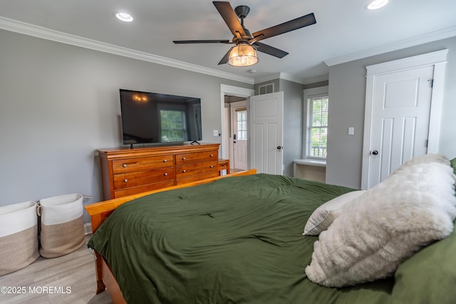 540 Vaughn Ave, Forked River, NJ 08731 - bedroom featuring wood finished floors, recessed lighting, crown molding, and a ceiling fan