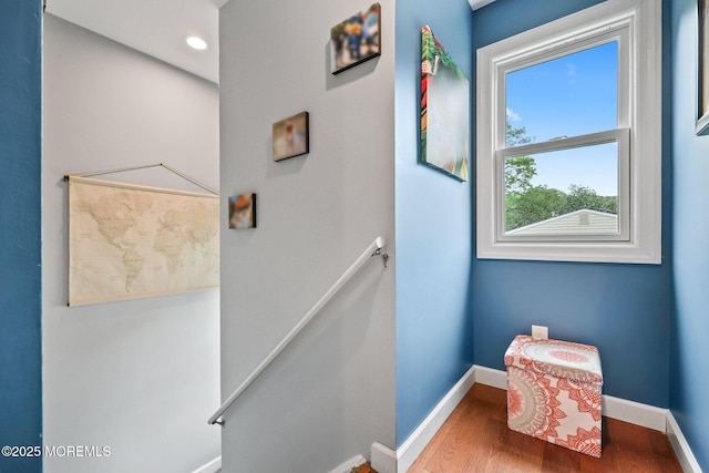 41 Revere Pl, Freehold, NJ 07728 - hall featuring baseboards, an upstairs landing, wood finished floors, and recessed lighting