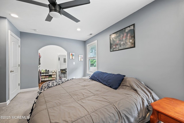 41 Revere Pl, Freehold, NJ 07728 - bedroom with carpet floors, baseboards, arched walkways, recessed lighting, and a ceiling fan