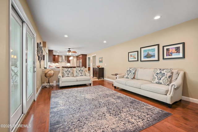 41 Revere Pl, Freehold, NJ 07728 - living room featuring recessed lighting, dark wood-style floors, baseboards, and a ceiling fan