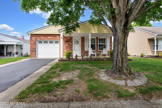 6 Manitoba Ct, Toms River, NJ 08757 - view of front facade with covered porch, brick siding, a garage, driveway, and a front lawn
