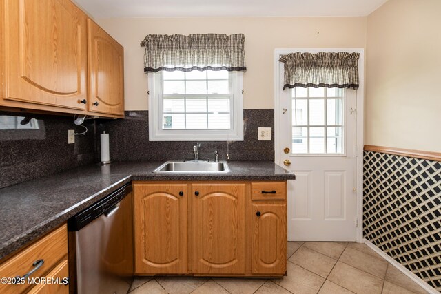 6 Manitoba Ct, Toms River, NJ 08757 - kitchen featuring dishwasher, a sink, healthy amount of natural light, wainscoting, and dark countertops
