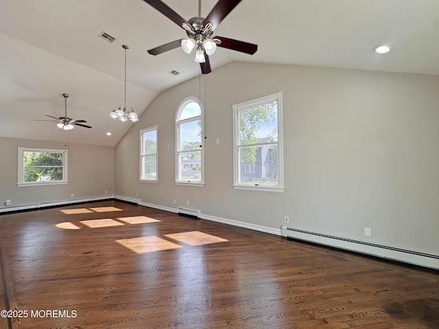 405 Old Bridge Rd, Brielle, NJ 08730 - unfurnished room with a ceiling fan, vaulted ceiling, a baseboard heating unit, wood finished floors, and baseboards