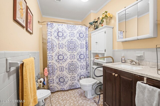 160 Village Green Way, Hazlet, NJ 07730 - bathroom with tile walls, toilet, ornamental molding, vanity, and wainscoting