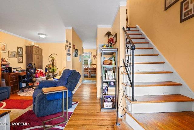 160 Village Green Way, Hazlet, NJ 07730 - living area featuring wood finished floors, stairs, crown molding, and an office area