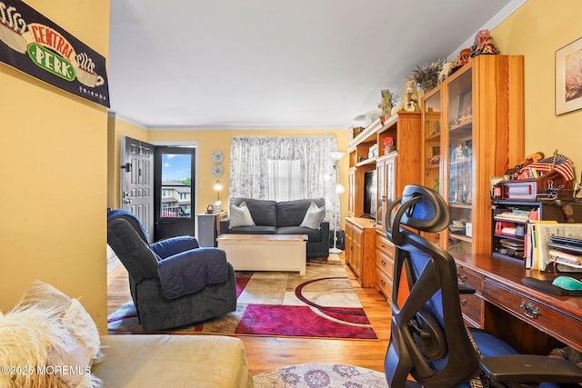 160 Village Green Way, Hazlet, NJ 07730 - living room featuring a desk, light wood-style flooring, and crown molding