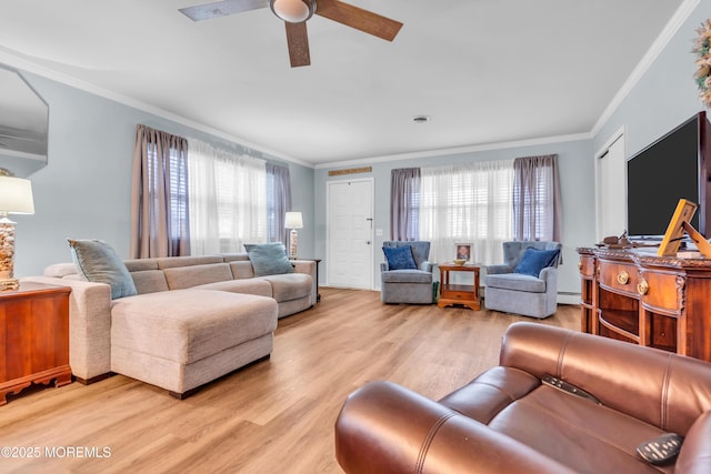81 Encinitas Dr, Toms River, NJ 08757 - living area with a ceiling fan, crown molding, light wood-type flooring, and baseboard heating
