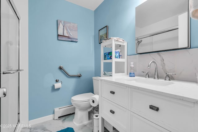81 Encinitas Dr, Toms River, NJ 08757 - full bathroom with baseboard heating, marble look tile flooring, vanity, tasteful backsplash, and toilet
