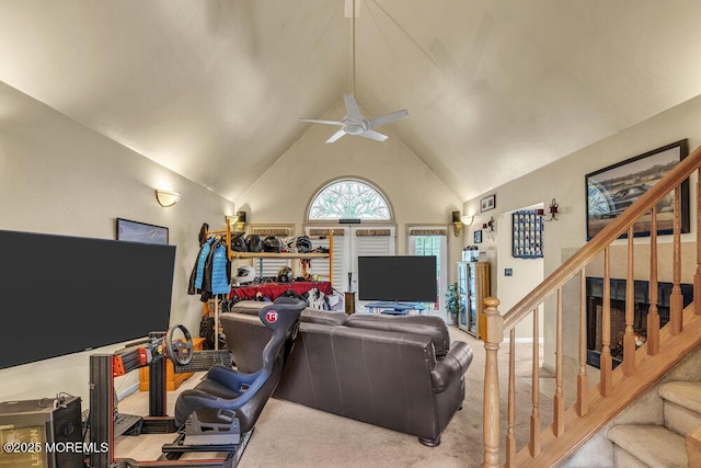 9 Rachel Ct, Jackson, NJ 08527 - living area featuring carpet, stairs, ceiling fan, and high vaulted ceiling