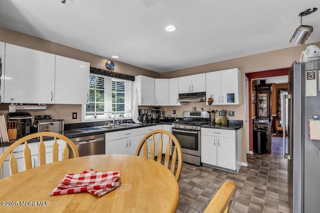 9 Rachel Ct, Jackson, NJ 08527 - kitchen with appliances with stainless steel finishes, under cabinet range hood, a sink, white cabinetry, and recessed lighting