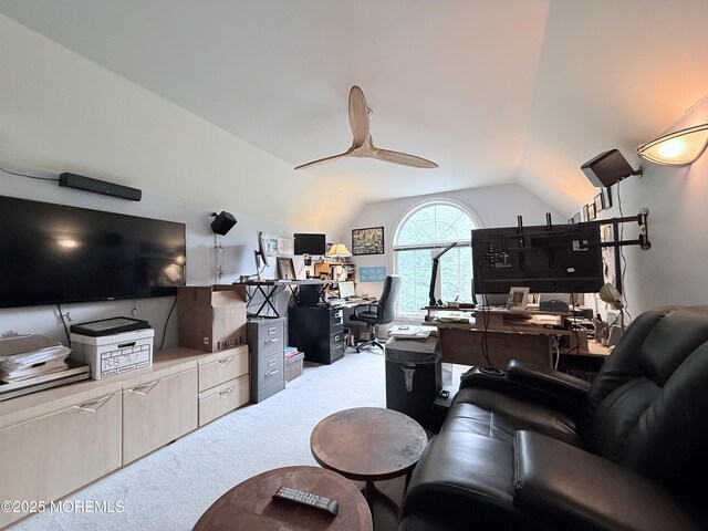 9 Rachel Ct, Jackson, NJ 08527 - living room featuring carpet floors, a desk, vaulted ceiling, and ceiling fan