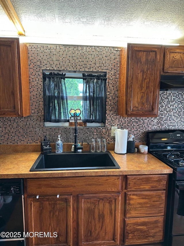 138 Oak Dr, Manchester, NJ 08759 - kitchen featuring black appliances, ventilation hood, a sink, and decorative backsplash