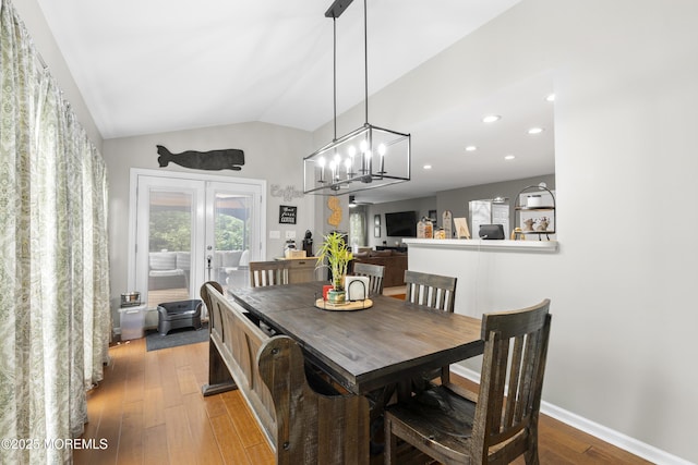 1 Kennedy Ct, Jackson, NJ 08527 - dining space with french doors, vaulted ceiling, hardwood / wood-style floors, a chandelier, and recessed lighting