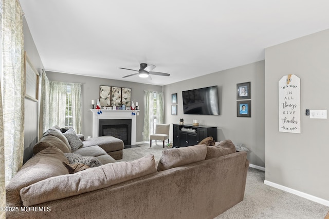 1 Kennedy Ct, Jackson, NJ 08527 - living room featuring baseboards, carpet flooring, a fireplace with flush hearth, and ceiling fan