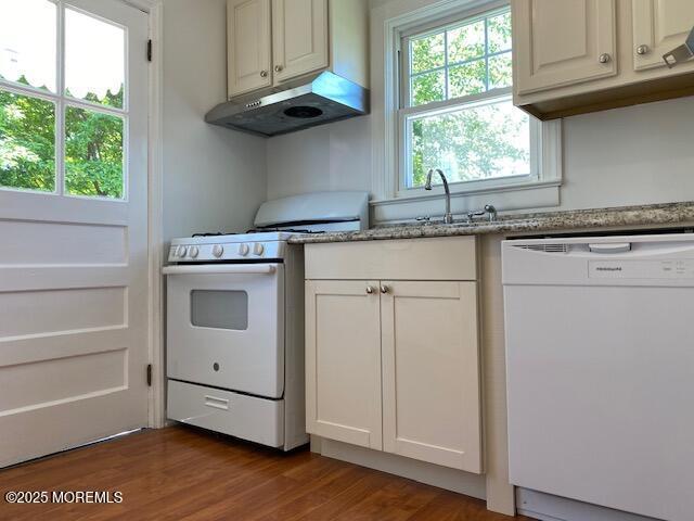 133 3rd Ave, Neptune City, NJ 07753 - kitchen featuring white appliances, under cabinet range hood, light stone counters, wood finished floors, and a sink