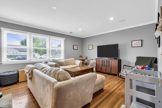 18 Delaware Ave, West Long Branch, NJ 07764 - living area featuring crown molding, light wood-style flooring, and recessed lighting