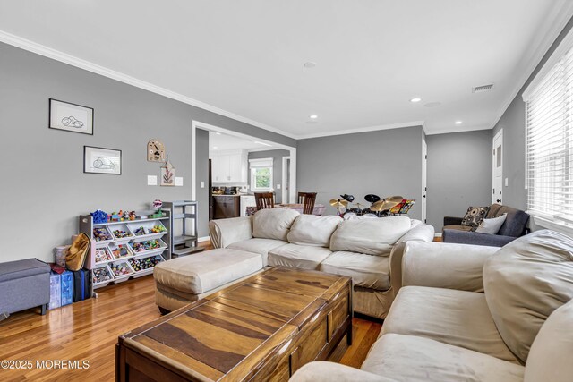 18 Delaware Ave, West Long Branch, NJ 07764 - living room featuring light wood-style flooring, crown molding, and recessed lighting