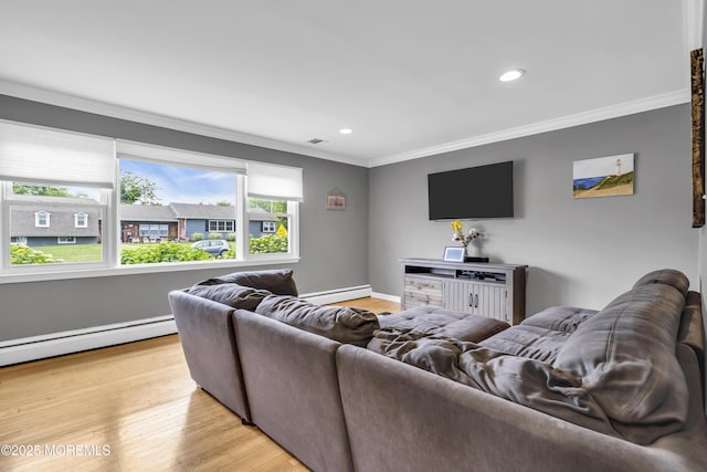 20 Delaware Ave, West Long Branch, NJ 07764 - living area with ornamental molding, a baseboard heating unit, light wood finished floors, recessed lighting, and baseboard heating