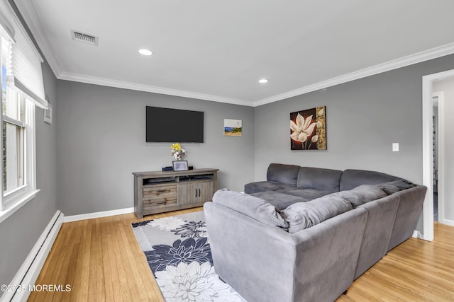 20 Delaware Ave, West Long Branch, NJ 07764 - living area with baseboard heating, light wood-style flooring, crown molding, and recessed lighting