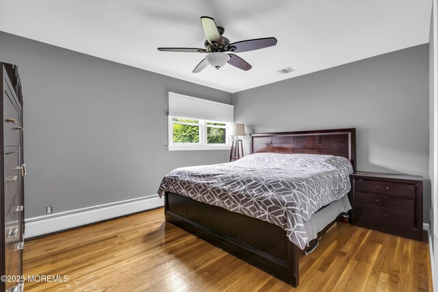 20 Delaware Ave, West Long Branch, NJ 07764 - bedroom with a baseboard radiator, wood finished floors, and ceiling fan