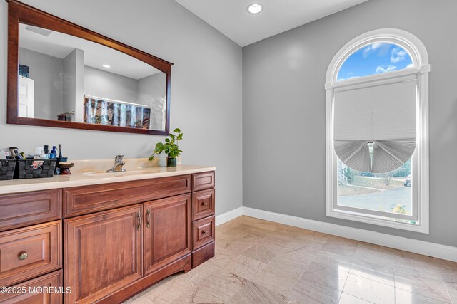 13 Cedar Tree Ln, Toms River, NJ 08753 - bathroom featuring vanity, marble finish floors, baseboards, and recessed lighting