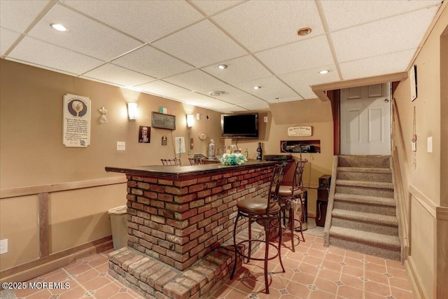 4 Calt Dr, Hazlet, NJ 07730 - indoor wet bar featuring a paneled ceiling, recessed lighting, stairway, and baseboards