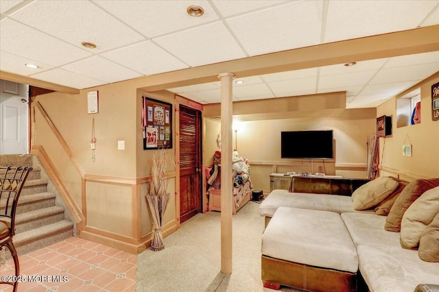 4 Calt Dr, Hazlet, NJ 07730 - living area with a paneled ceiling, wainscoting, light carpet, stairs, and recessed lighting