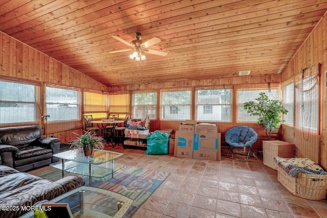 4 Calt Dr, Hazlet, NJ 07730 - living area with plenty of natural light, wooden ceiling, wooden walls, a ceiling fan, and light stone finish floors