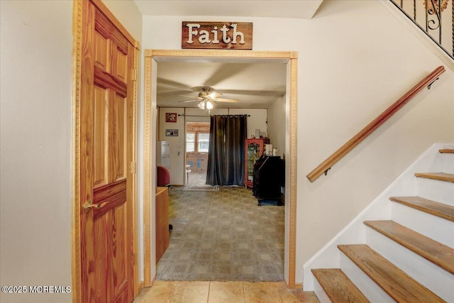 4 Calt Dr, Hazlet, NJ 07730 - foyer featuring stairway, light carpet, ceiling fan, and light tile patterned floors
