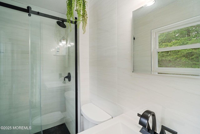 20 Sugarbush Rd, Howell, NJ 07731 - full bathroom with toilet, a shower stall, and tile walls