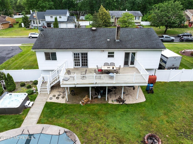 20 Sugarbush Rd, Howell, NJ 07731 - back of house featuring a wooden deck, roof with shingles, stairway, a chimney, and outdoor dining space