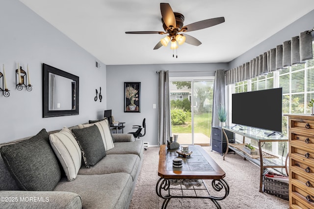 28 Mansfield Ave, Manchester, NJ 08759 - living room featuring light carpet, an office area, a ceiling fan, and baseboard heating