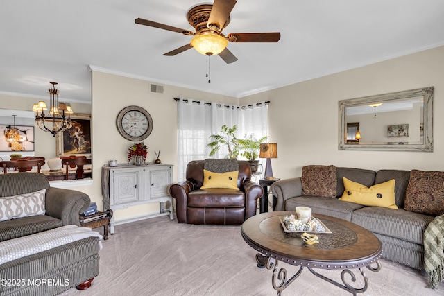 28 Mansfield Ave, Manchester, NJ 08759 - living room featuring a chandelier, ornamental molding, carpet, and a ceiling fan