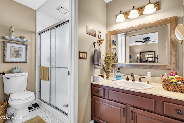 28 Mansfield Ave, Manchester, NJ 08759 - full bath with toilet, vanity, a shower stall, tile patterned flooring, and ceiling fan