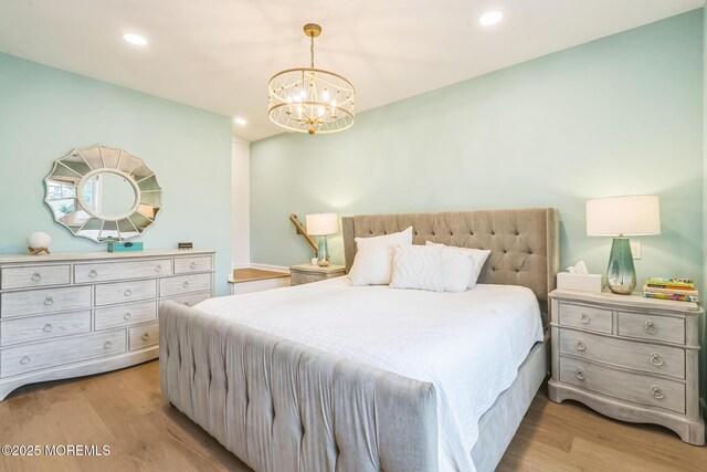 8 W St, Rumson, NJ 07760 - bedroom featuring a chandelier, light wood-style flooring, and recessed lighting