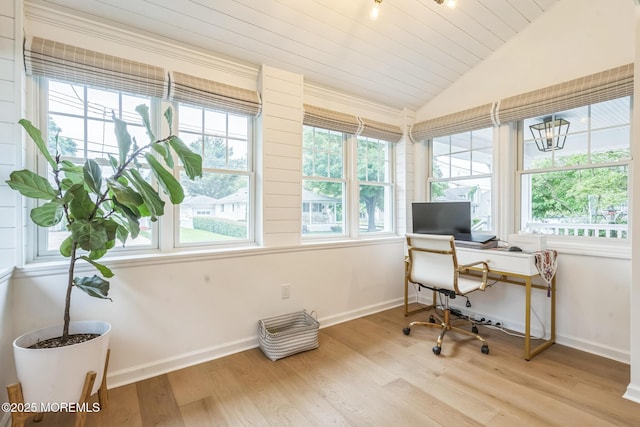 8 W St, Rumson, NJ 07760 - office area with lofted ceiling, light wood-style flooring, baseboards, and wooden ceiling