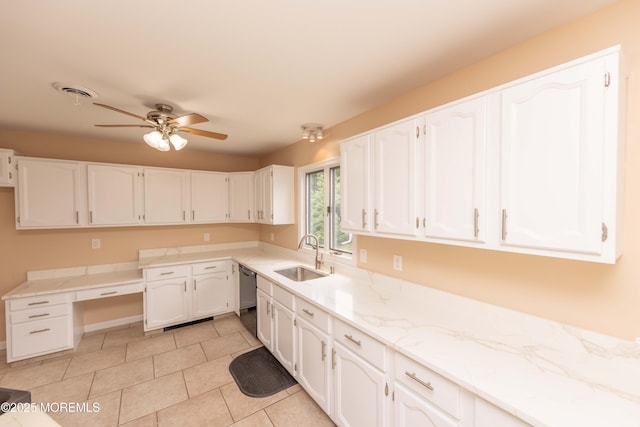 28 Fir Rd Unit 21, Manahawkin, NJ 08050 - kitchen featuring dishwasher, a sink, white cabinets, ceiling fan, and light tile patterned flooring