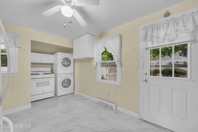 443 Shady Ln, Howell, NJ 07731 - laundry area featuring stacked washer / dryer, light marble finish floors, baseboards, and ceiling fan