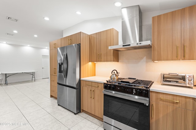 606 Deal Rd, Oakhurst, NJ 07755 - kitchen featuring appliances with stainless steel finishes, wall chimney exhaust hood, light countertops, light tile patterned floors, and recessed lighting