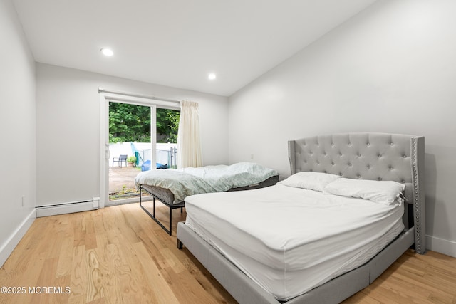 606 Deal Rd, Oakhurst, NJ 07755 - bedroom with baseboard heating, access to exterior, light wood-type flooring, and recessed lighting