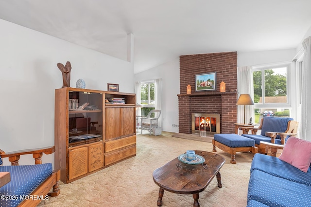 4 Mason Dr, Hazlet, NJ 07730 - living room with carpet flooring, healthy amount of natural light, a brick fireplace, and lofted ceiling