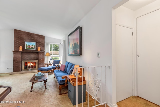 4 Mason Dr, Hazlet, NJ 07730 - carpeted living area with lofted ceiling and a brick fireplace