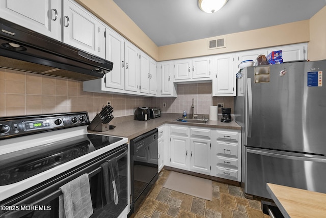 516 Wellington Pl, Aberdeen, NJ 07747 - kitchen with black appliances, a sink, exhaust hood, white cabinetry, and decorative backsplash
