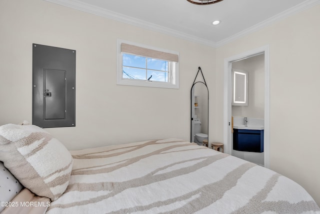 123 W Cove Way, Lavallette, NJ 08735 - bedroom featuring electric panel, ornamental molding, ensuite bathroom, recessed lighting, and a sink