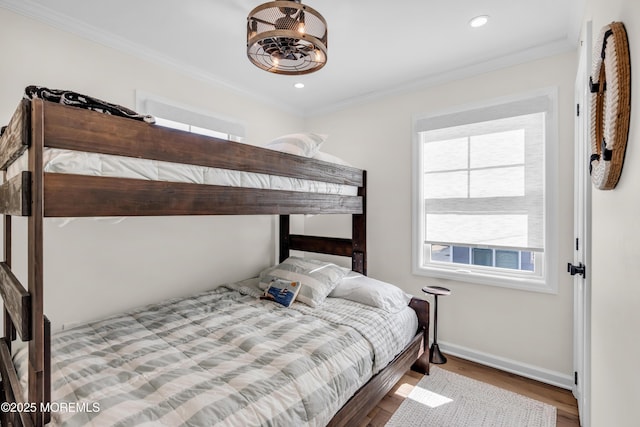 123 W Cove Way, Lavallette, NJ 08735 - bedroom featuring wood finished floors, baseboards, ornamental molding, recessed lighting, and a chandelier